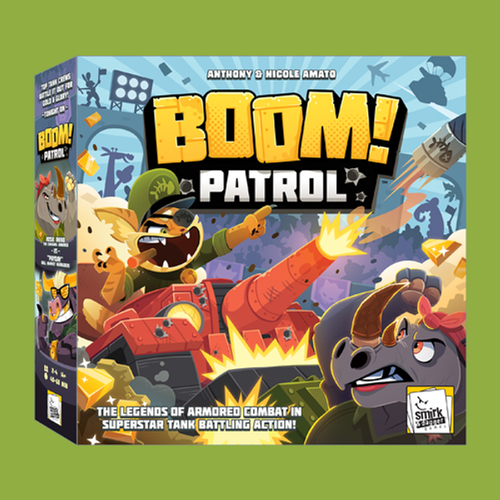 a tiger riding a tank and a rhino ducking for cover front of box