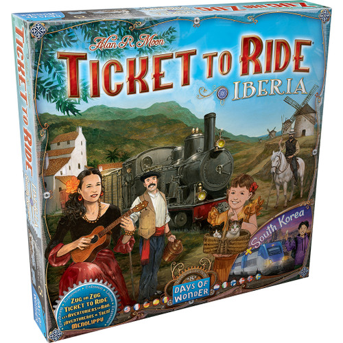 Ticket to Ride Iberia front of box showing a train, a woman with an instrument, a man, a man on a horse, a child with a basket holding 2 kittens, and windmills in the background.