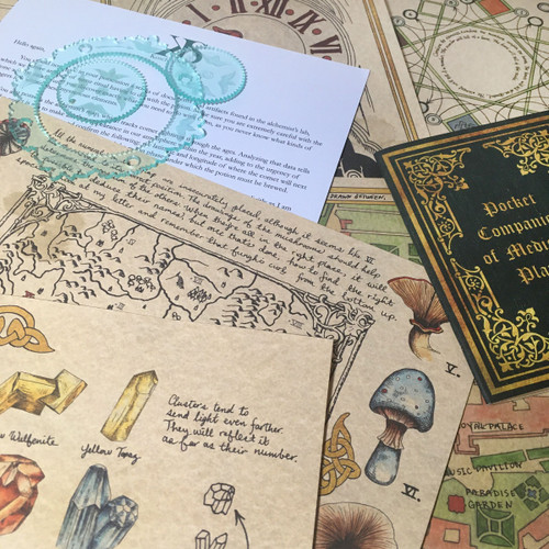 Example game components, handwritten notes on mushrooms, crystals and more