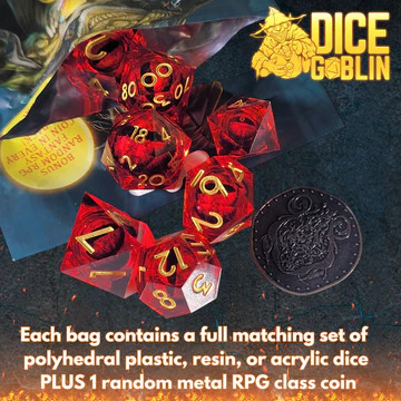 Example set of 7 dice with a coin