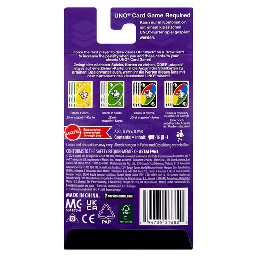 back of purple packaging, with the sample stacking cards