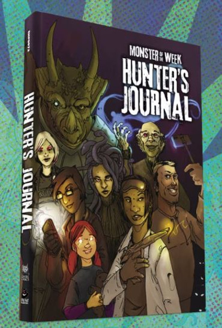 hunters journal cover with various characters, creatures, monsters with smiling in a dark shadow colors