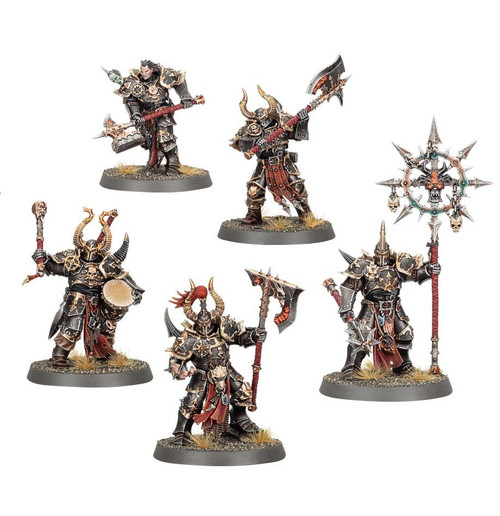 The final product, 5 miniatures painted (item comes unpainted) with helmets and large hulking axes and armor