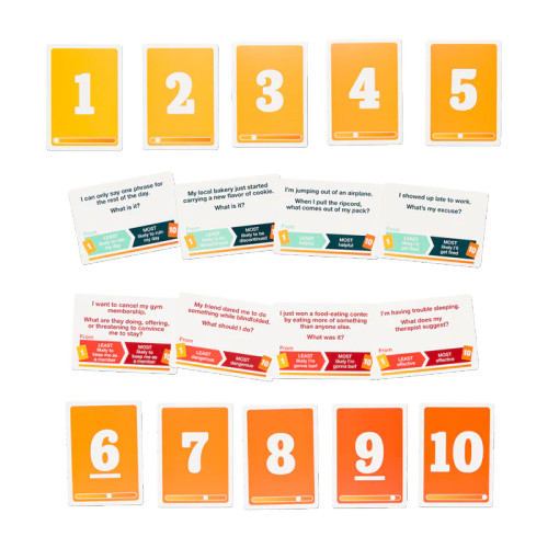 Example game cards, such as "I can only saw one phrase for the rest of the day. From least likely to ruin my day to most likely to ruin my day."