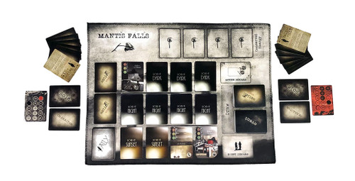 The game laid out with components including cards and a game board and  tracking card