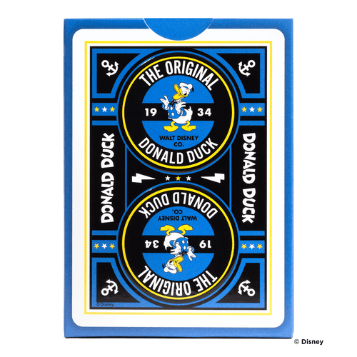 Back of packaging featuring   black and blue with circles with Donald inside and anchors