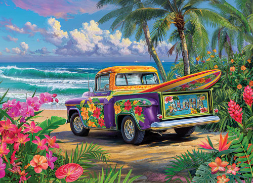 Puzzle image, depicting a truck painted with flowers at the beach, a surfboard in its bed