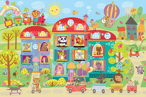 completed puzzle with busytown with animals in an apartment