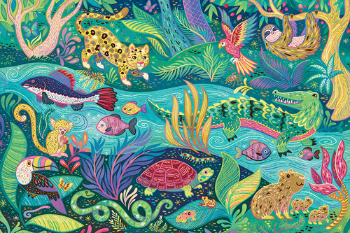 green and blue busy rainforest with an abundance of animals