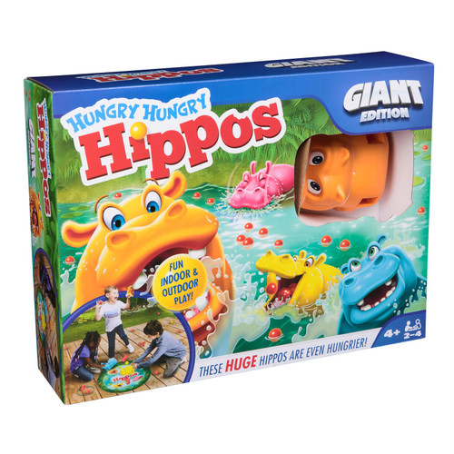 Front of game box featuring hippos of bright colors eating red balls.