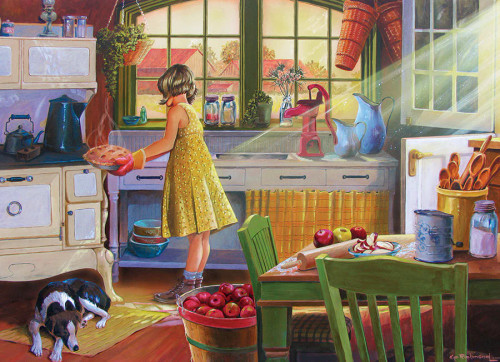 Puzzle image, art depicting a girl baking a pie in a nostalgic kitchen