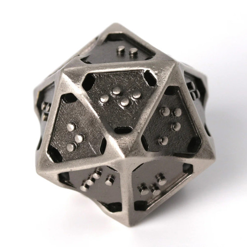 A 20-sided die (D20) from the Silver Ingot hollow metal braille dice set sits on a white background.