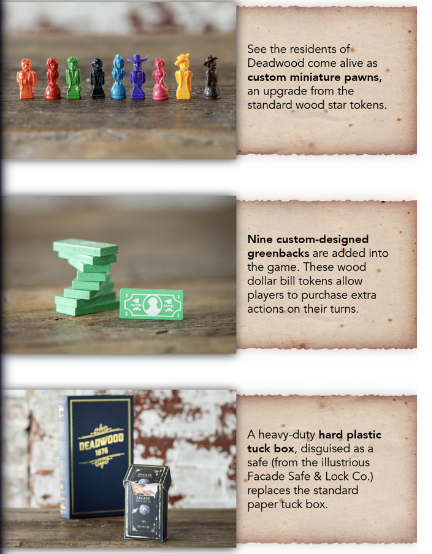 Deluxe component images and details for the player miniatures, greenback tokens and tuckbox