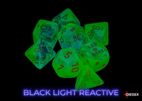 Dice under a blacklight, demonstrating the glowing luminary effect