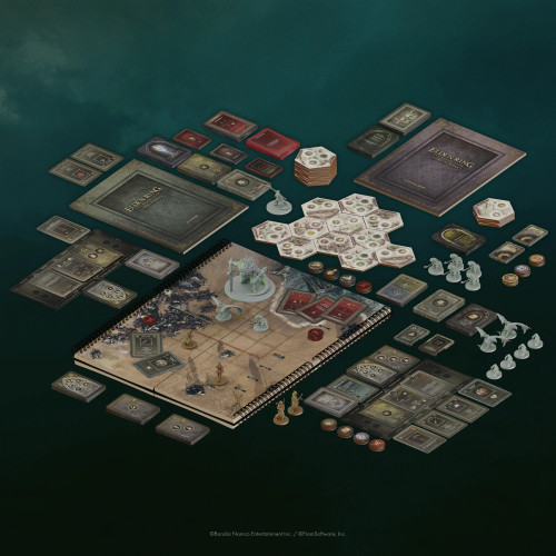 Game components, including miniatures, spiral bound map book, cards and more
