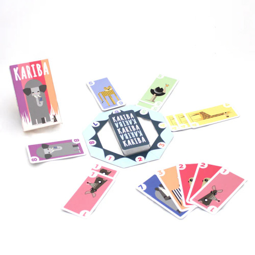 Gameplay, long cards circle a central board and deck of cards