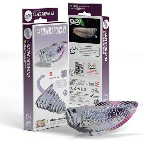 a silver fish  model with purple and white product packaging