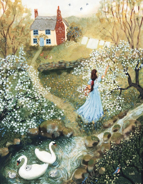 puzzle image blue dress in a garden path