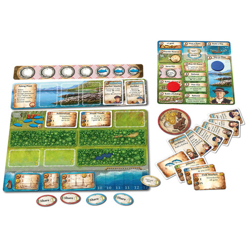 The game contents with a game board, player board, and cards