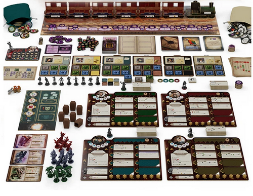 Gameplay setup, including a 3D train, character boards, cards, tokens and more