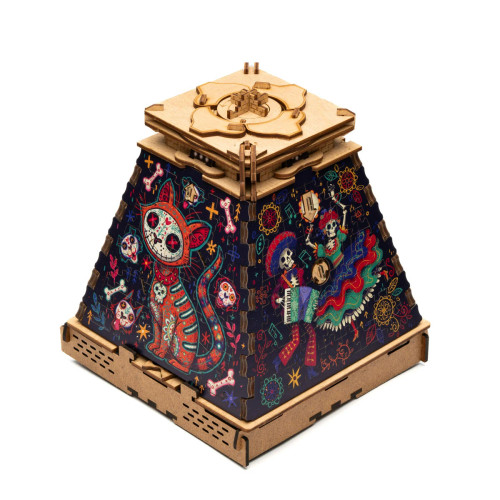 pyramid puzzle images depicting a cat on one side and skeletons dancing on the other