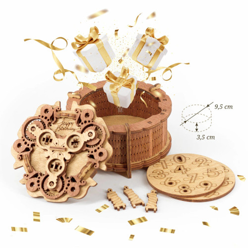 The wooden cake puzzle  open to reveal the hidden compartment.