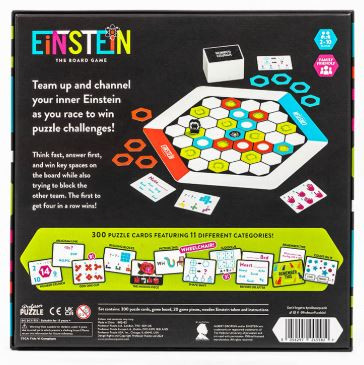 Back of black game box with game board and components with a blurb of game hype