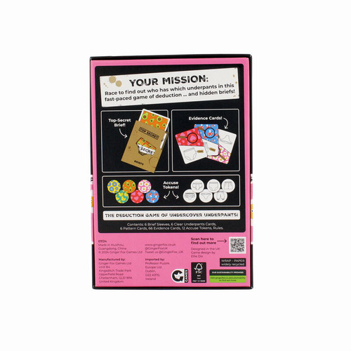 back of packaging a black box and pink with the game mission and game components