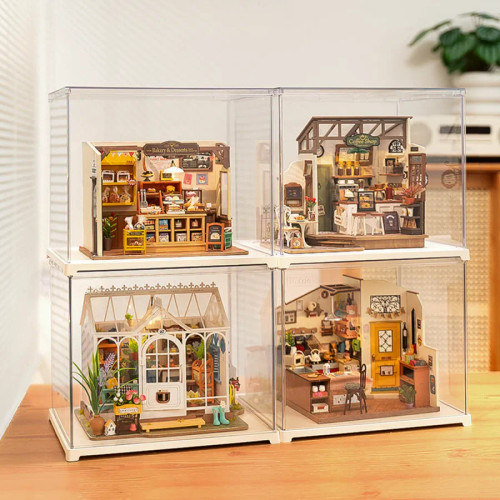 Four display cases stacked