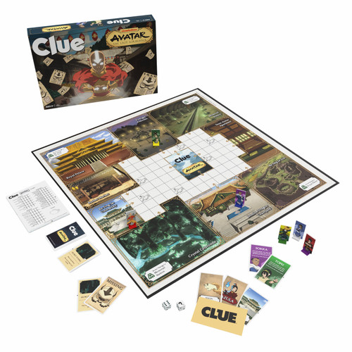 The avatar themed CLUE game with components including cards, dice and map/board