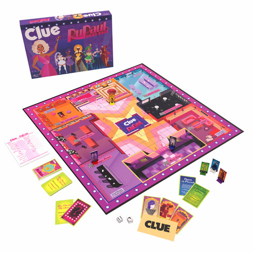The game set up with cardboard characters and several rooms in theme