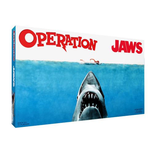 Game box featuring classic Jaws movie art of the shark swimming up toward the swimmer