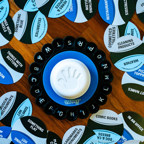 a circle with black tabs surrounded by theme cards