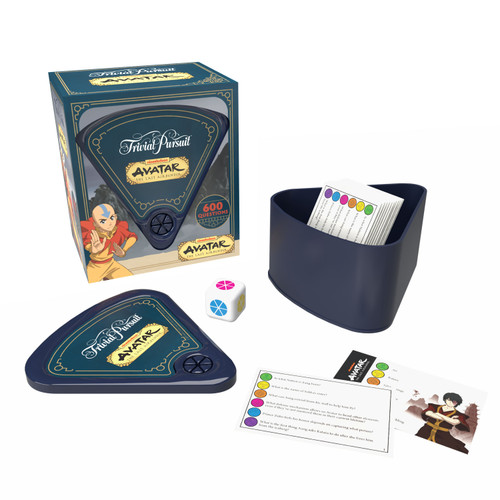 plastic triangle game box with cards and dice