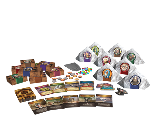 the game components cards, tokens, and silver cardboard rocks with character faces