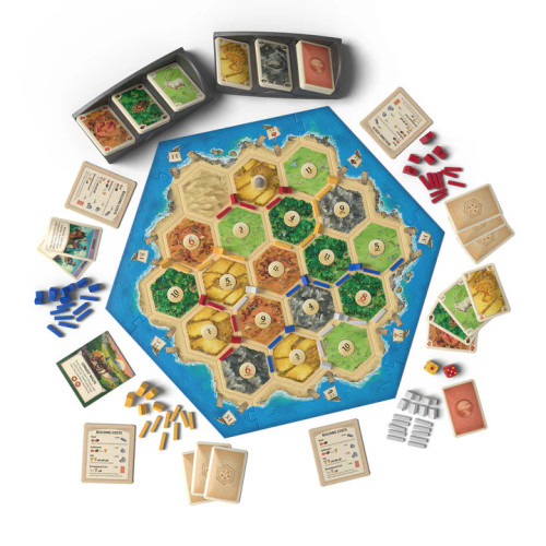 Gameplay setup, including island board, resource cards and more