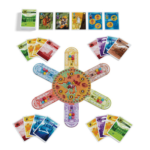 Gameplay: Hands of cards and a central board