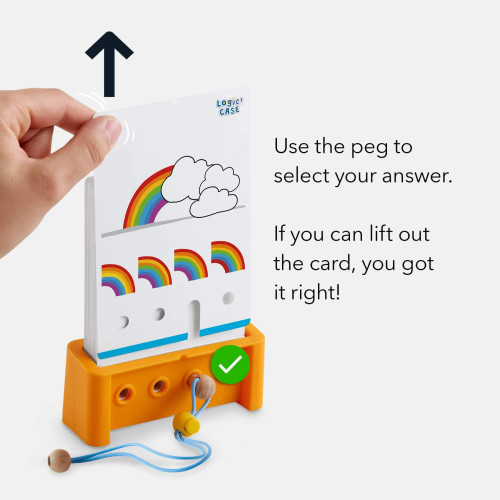 A hand pulls up on the card puzzle to demonstrate how the device works, "If you can lift the card, you got it right!"