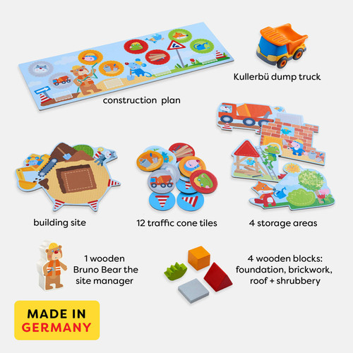 list of game components including thick cardboard building site pieces and wood site manager and dump truck