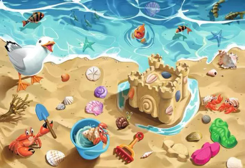 Puzzle image, depicting a sandcastle beach scene with animal friends