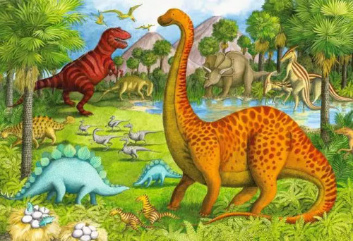Puzzle image, depicting a prehistoric scene with dinosaurs