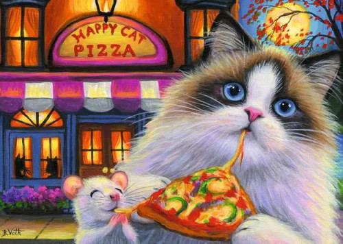 Puzzle image, depicting a cat and mouse eating a slice of pizze