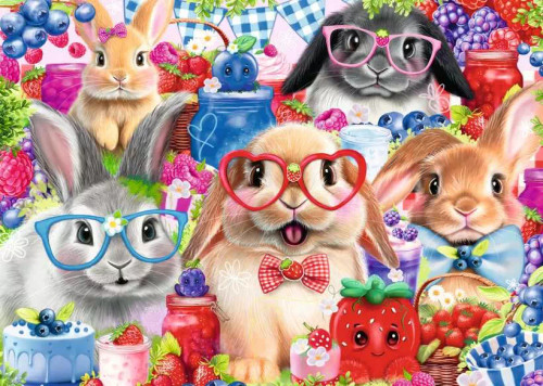 Puzzle image, depicting smiling rabbits