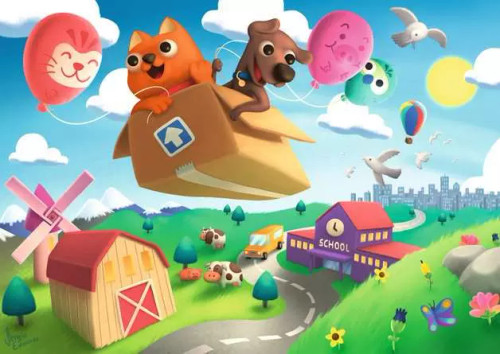 Puzzle image, art depicting a cat and dog flying away from school in a balloon-power box