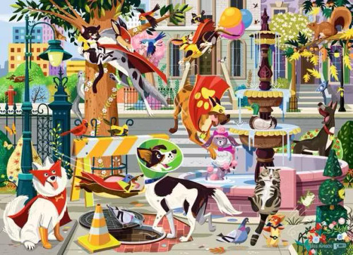 Puzzle image, art depicting superhero dogs saving cats in a city park