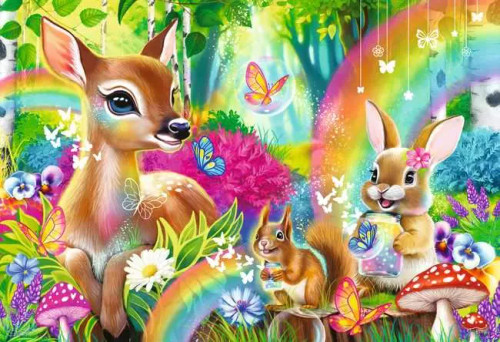 Puzzle image, featuring woodland animals and rainbows