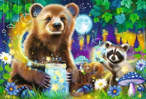 Puzzle image, art depicting a bear, raccoon, mushrooms and magical stars
