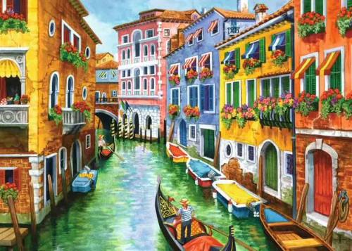 a bright colored Venice view via gondola