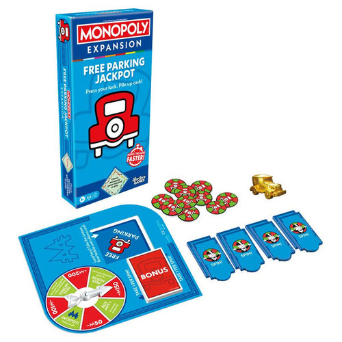 Front of game box with a spinner, a golden car, and tokens