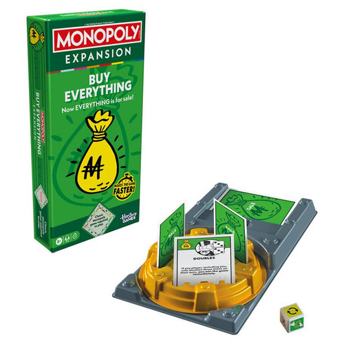 Game box and game components featuring a spinner holding cards upright.